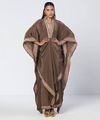 Olive brown embroidered crepe kaftan and pant set 2