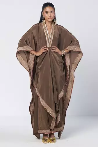 Olive brown embroidered crepe kaftan and pant set