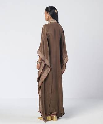Olive brown embroidered crepe kaftan and pant set 3