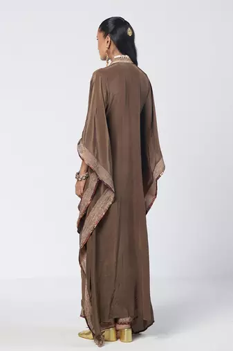 Olive brown embroidered crepe kaftan and pant set