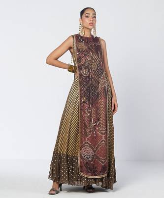 Olive brown embroidered chanderi silk and georgette gown with tunic 1