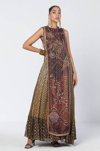 Olive brown embroidered chanderi silk and georgette gown with tunic