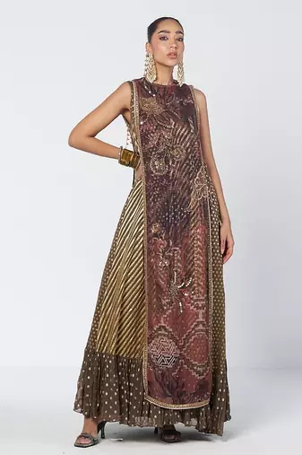 Olive brown embroidered chanderi silk and georgette gown with tunic