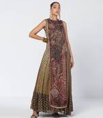 Olive brown embroidered chanderi silk and georgette gown with tunic