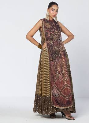 Olive brown embroidered chanderi silk and georgette gown with tunic 2