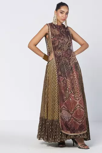 Olive brown embroidered chanderi silk and georgette gown with tunic