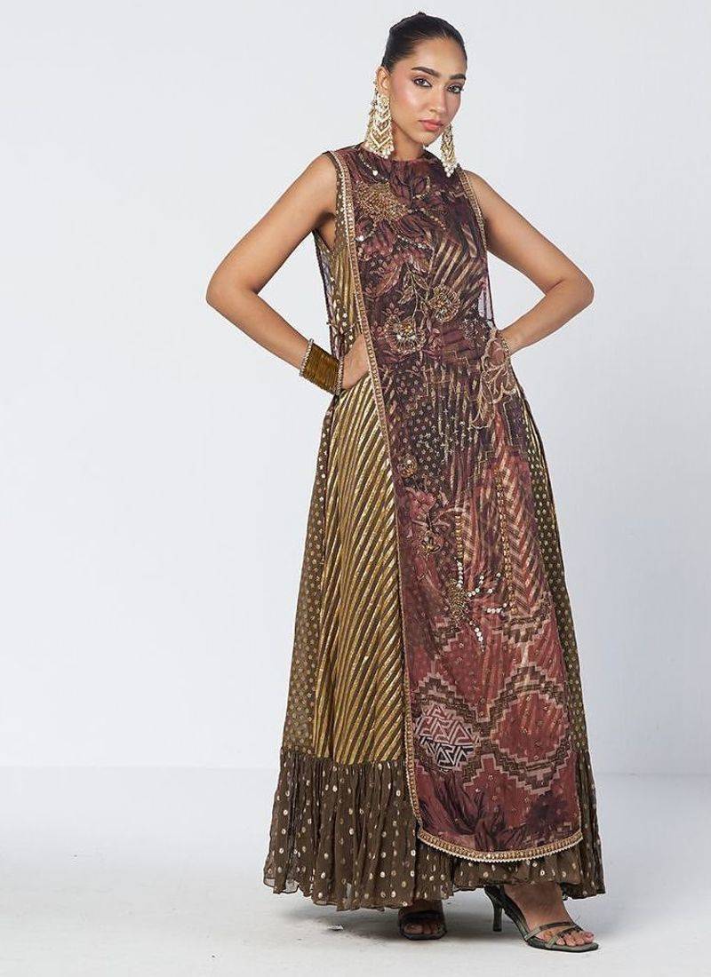 Olive brown embroidered chanderi silk and georgette gown with tunic