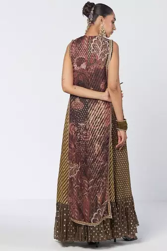 Olive brown embroidered chanderi silk and georgette gown with tunic