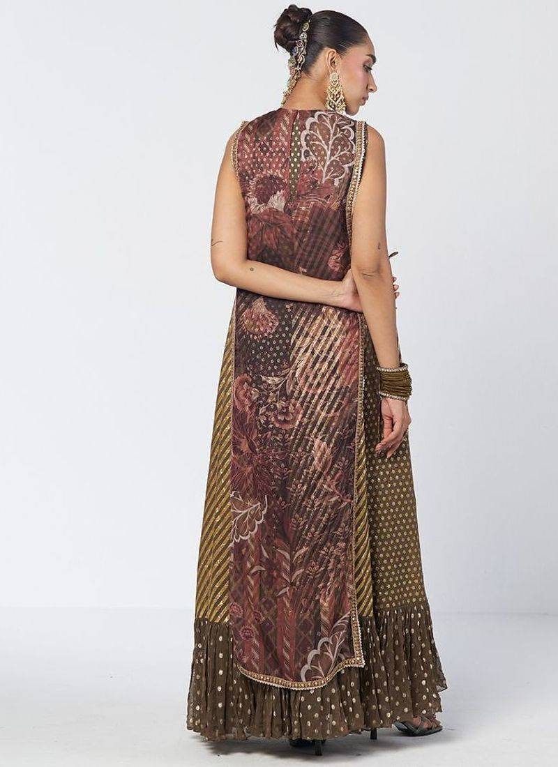 Olive brown embroidered chanderi silk and georgette gown with tunic