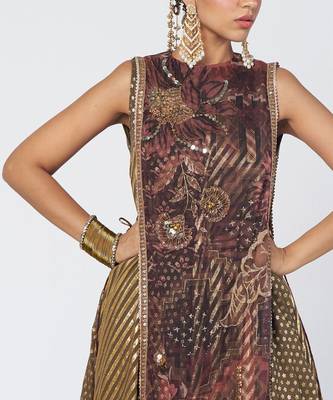 Olive brown embroidered chanderi silk and georgette gown with tunic 4