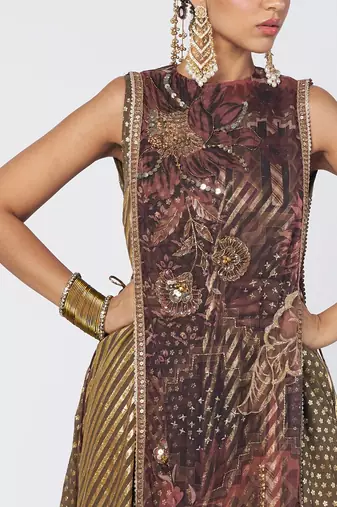 Olive brown embroidered chanderi silk and georgette gown with tunic