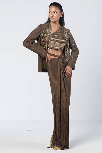 Olive brown embroidered chanderi silk and crepe drape skirt set