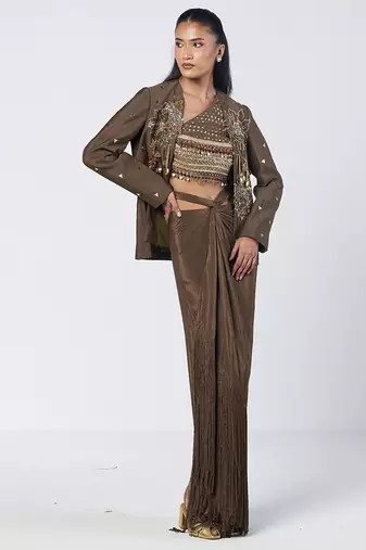 Olive brown embroidered chanderi silk and crepe drape skirt set