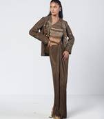 Olive brown embroidered chanderi silk and crepe drape skirt set