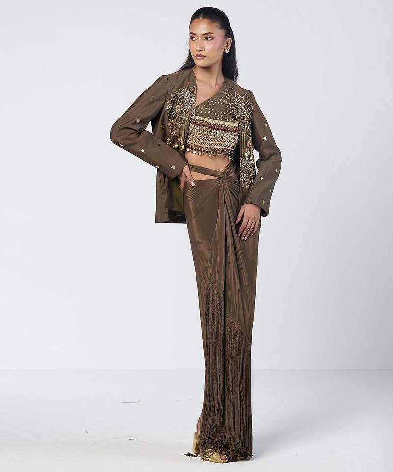 Olive brown embroidered chanderi silk and crepe drape skirt set
