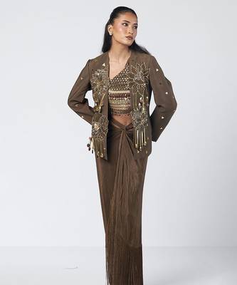 Olive brown embroidered chanderi silk and crepe drape skirt set 2