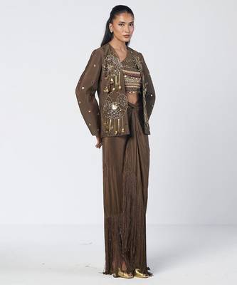 Olive brown embroidered chanderi silk and crepe drape skirt set 3