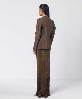 Olive brown embroidered chanderi silk and crepe drape skirt set 4