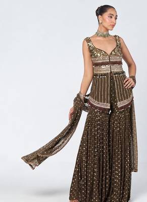 Olive brown embroidered dupion silk and georgette kurta set 1