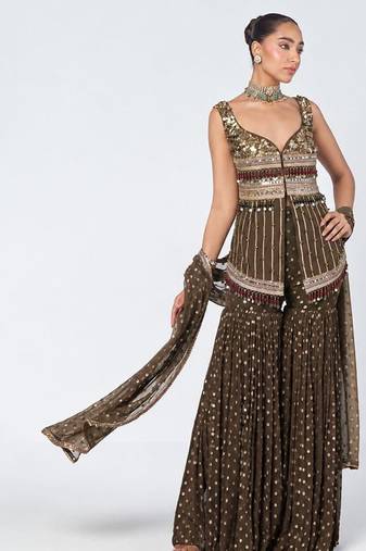 Olive brown embroidered dupion silk and georgette kurta set