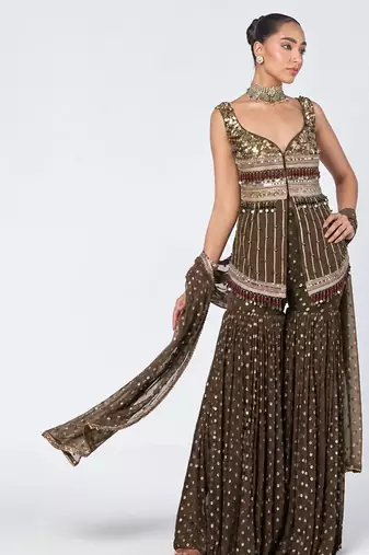 Olive brown embroidered dupion silk and georgette kurta set