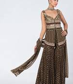 Olive brown embroidered dupion silk and georgette kurta set