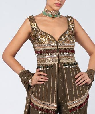 Olive brown embroidered dupion silk and georgette kurta set 2