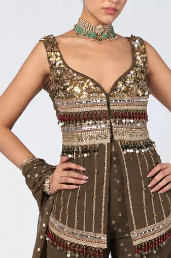 Olive brown embroidered dupion silk and georgette kurta set