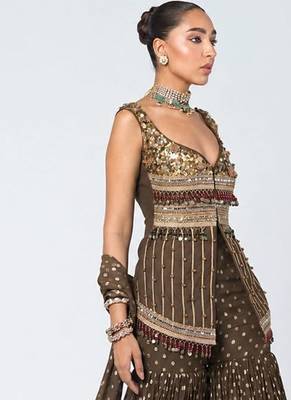 Olive brown embroidered dupion silk and georgette kurta set 3