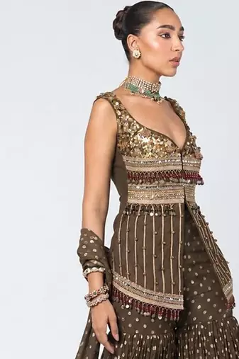 Olive brown embroidered dupion silk and georgette kurta set
