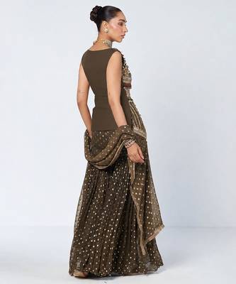 Olive brown embroidered dupion silk and georgette kurta set 4