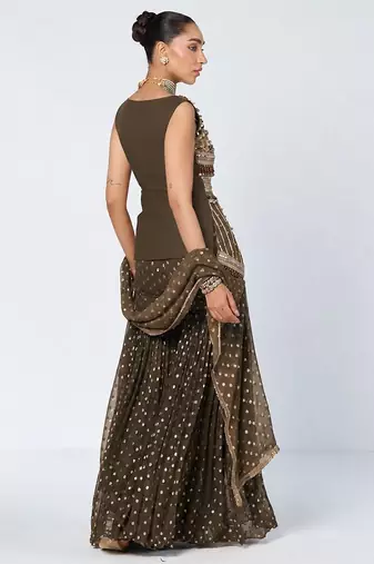 Olive brown embroidered dupion silk and georgette kurta set