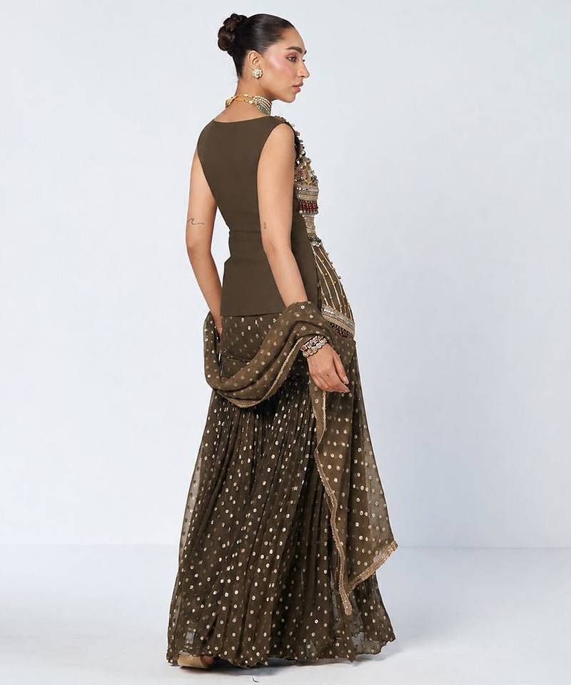 Olive brown embroidered dupion silk and georgette kurta set