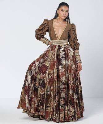 Olive brown embroidered dupion silk and jacquard gown with belt 1