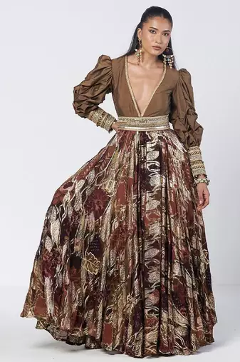 Olive brown embroidered dupion silk and jacquard gown with belt