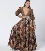 Olive brown embroidered dupion silk and jacquard gown with belt