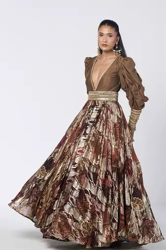 Olive brown embroidered dupion silk and jacquard gown with belt