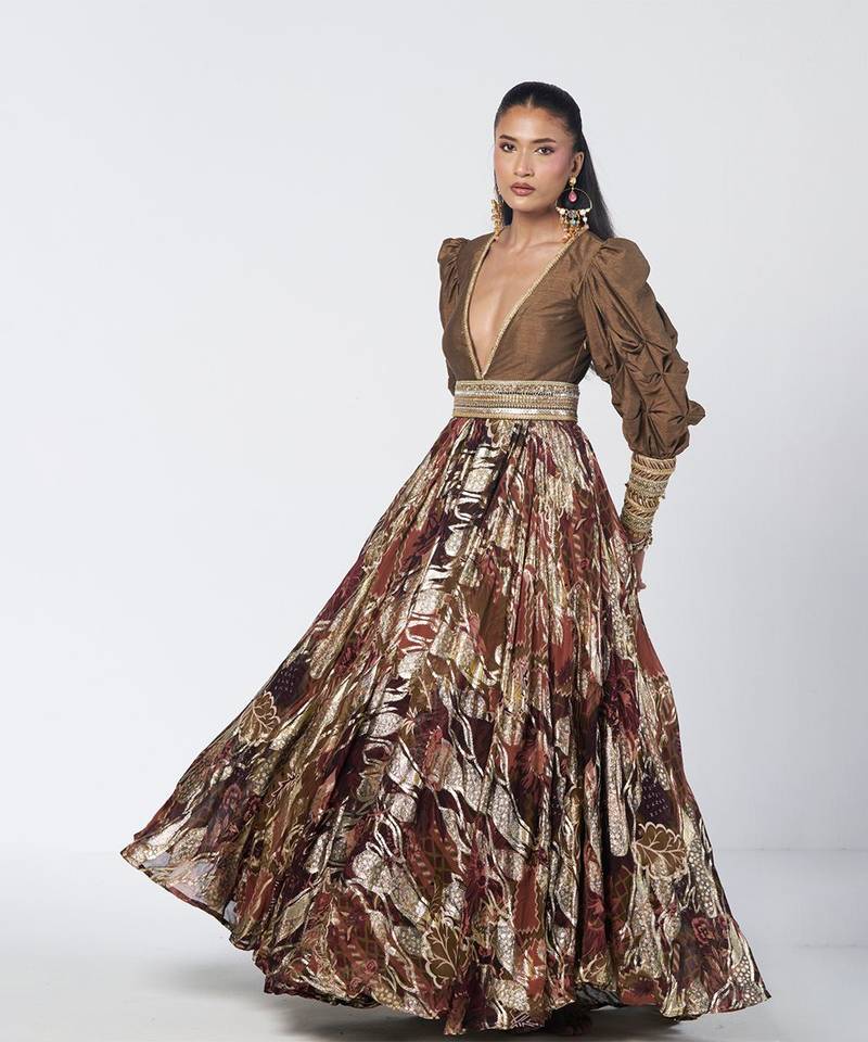 Olive brown embroidered dupion silk and jacquard gown with belt