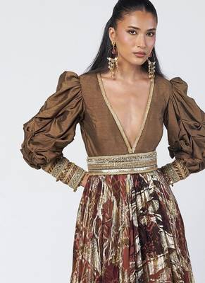 Olive brown embroidered dupion silk and jacquard gown with belt 3