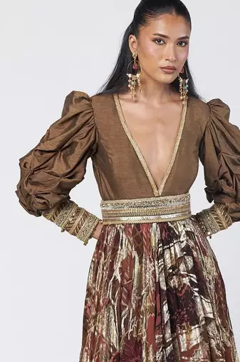 Olive brown embroidered dupion silk and jacquard gown with belt