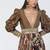 Olive brown embroidered dupion silk and jacquard gown with belt