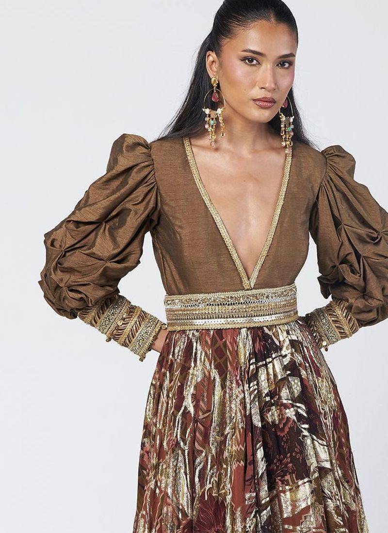Olive brown embroidered dupion silk and jacquard gown with belt