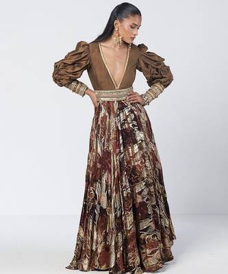 Olive brown embroidered dupion silk and jacquard gown with belt 4