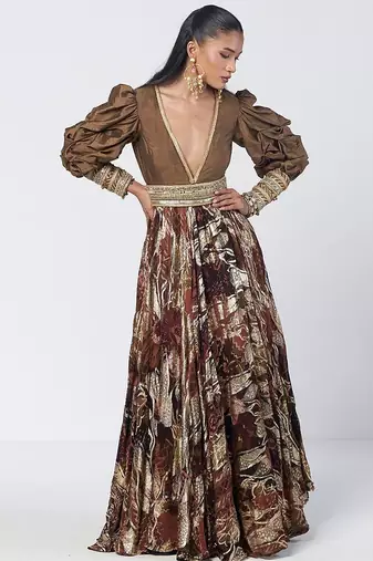 Olive brown embroidered dupion silk and jacquard gown with belt