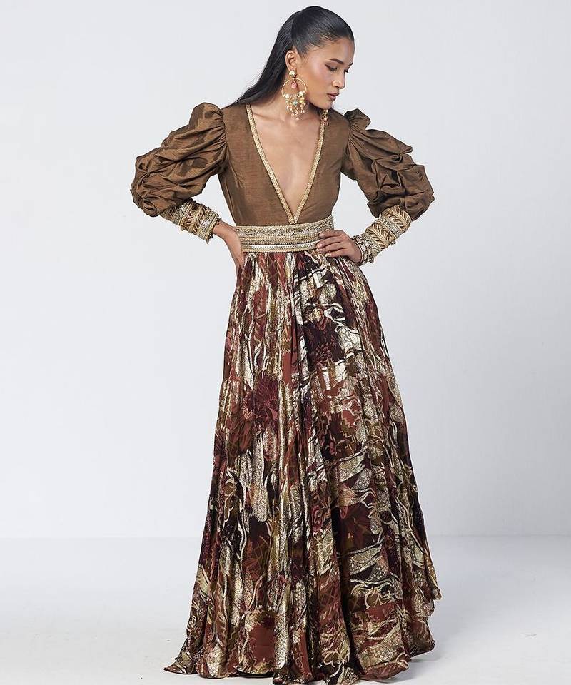 Olive brown embroidered dupion silk and jacquard gown with belt