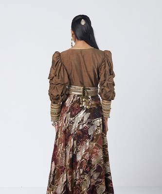 Olive brown embroidered dupion silk and jacquard gown with belt 5