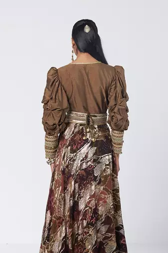 Olive brown embroidered dupion silk and jacquard gown with belt