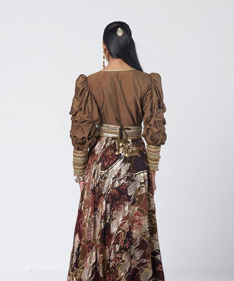 Olive brown embroidered dupion silk and jacquard gown with belt