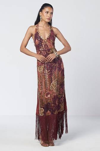 Mocha brown embroidered cotton jacquard dress