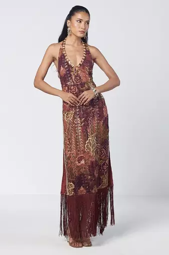 Mocha brown embroidered cotton jacquard dress